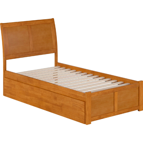 Portland Twin Platform Bed w/ Footboard, Twin Trundle & Charging in Light Toffee