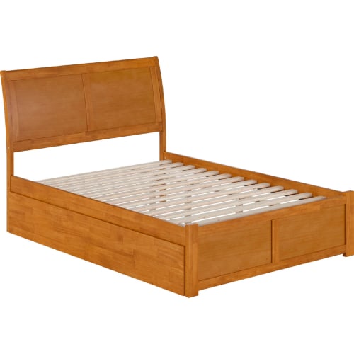 Portland Full Platform Bed w/ Footboard, Twin Trundle & Charging in Light Toffee