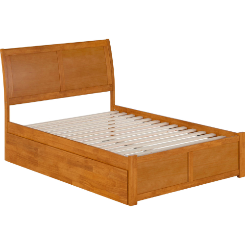 Portland Full Platform Bed w/ Footboard, Full Trundle & Charging in Light Toffee