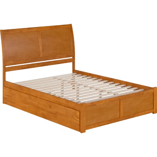 Portland Queen Platform Bed w/ Footboard, Twin XL Trundle & Charging in Light Toffee