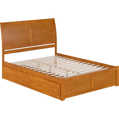 Portland Queen Platform Bed w/ Footboard, 2 Drawers & Charging in Light Toffee