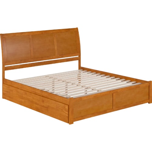 Portland King Platform Bed with Footboard, Twin XL Trundle & Charging in Light Toffee