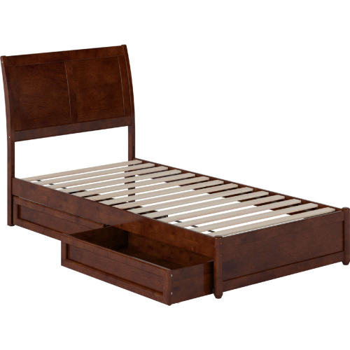 Andorra Twin XL Platform Bed w/ Panel Footboard, Drawers & Charging in Walnut Finish