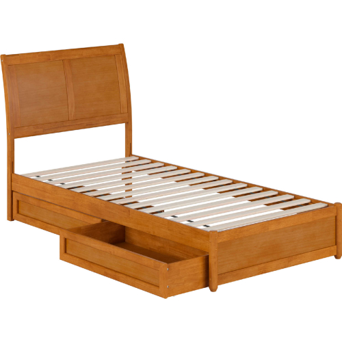 Andorra Twin XL Platform Bed with Panel Footboard, Drawers & Charging in Light Toffee