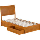 Andorra Twin XL Platform Bed w/ Panel Footboard, Drawers & Charging in Light Toffee