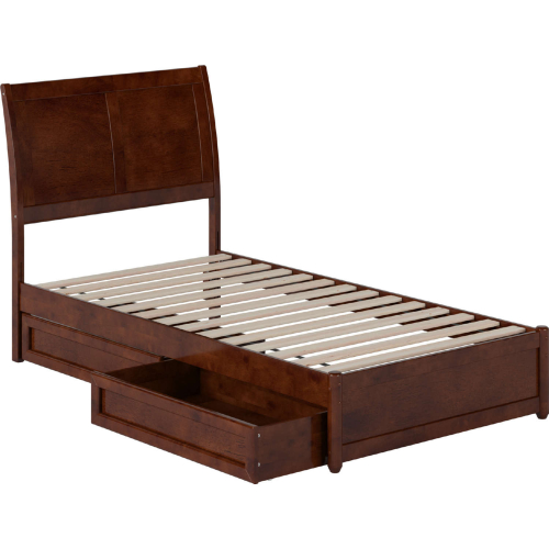 Andorra Twin Platform Bed w/ Panel Footboard, Drawers & Charging in Walnut Finish