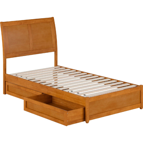 Andorra Twin Platform Bed w/ Panel Footboard, Drawers & Charging in Light Toffee