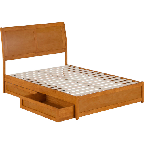 Andorra Full Platform Bed w/ Panel Footboard, Drawers & Charging in Light Toffee