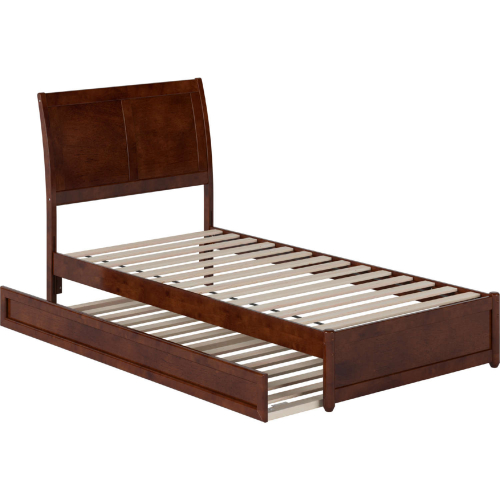 Andorra Twin XL Platform Bed w/ Panel Footboard, Twin XL Trundle & Charging in Walnut Finish