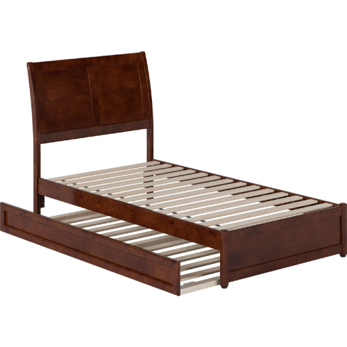 Andorra Twin Platform Bed w/ Panel Footboard, Twin Trundle & Charging in Walnut Finish