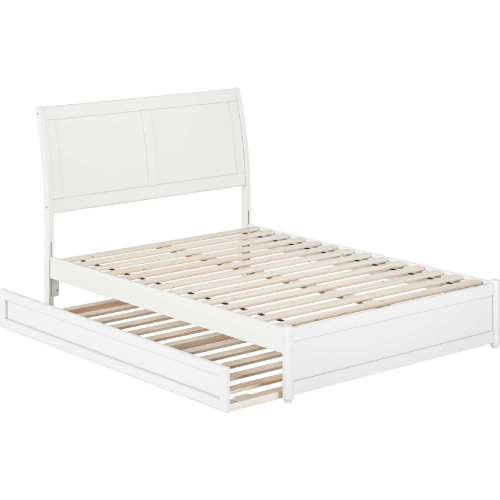 Andorra Full Platform Bed w/ Panel Footboard, Twin Trundle & Charging in White