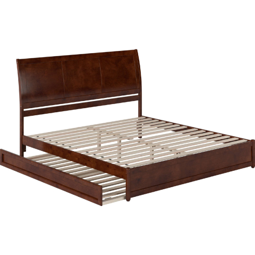 Andorra King Platform Bed w/ Panel Footboard, Twin XL Trundle & Charging in Walnut Finish