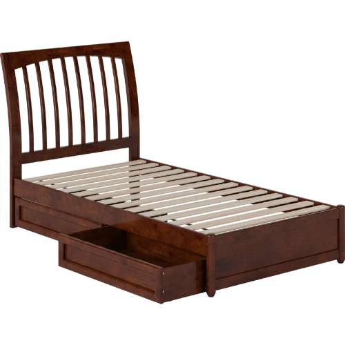 Roslyn Twin Platform Bed with Panel Footboard, Drawers & Charging in Walnut Finish