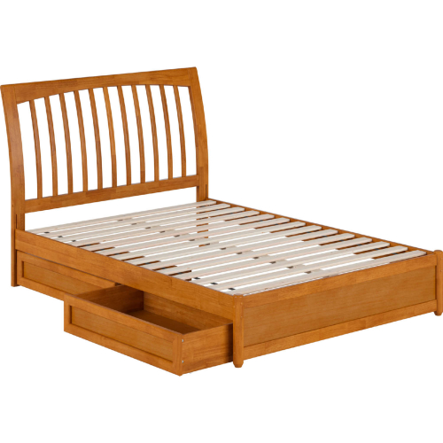 Roslyn Full Platform Bed w/ Panel Footboard, Drawers & Charging in Light Toffee