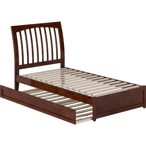 Roslyn Twin Platform Bed w/ Panel Footboard, Twin Trundle & Charging in Walnut Finish