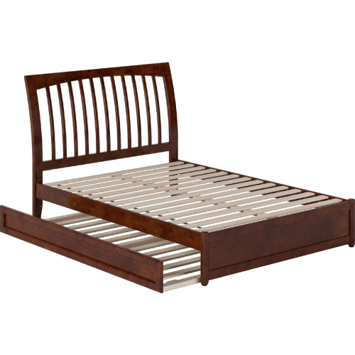 Roslyn Full Platform Bed w/ Panel Footboard, Twin Trundle & Charging in Walnut Finish