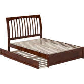 Roslyn Full Platform Bed with Panel Footboard, Twin Trundle & Charging in Walnut Finish