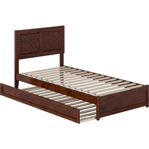 Clayton Twin XL Platform Bed with Panel Footboard, Twin XL Trundle & Charging in Walnut Finish