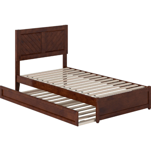 Clayton Twin Platform Bed w/ Panel Footboard, Twin Trundle & Charging in Walnut Finish