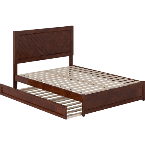 Clayton Full Platform Bed with Panel Footboard, Twin Trundle & Charging in Walnut Finish