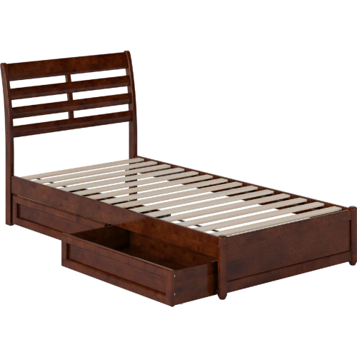 Emelie Twin XL Platform Bed w/ Panel Footboard, Drawers & Charging in Walnut Finish