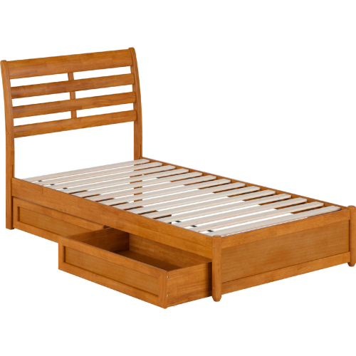 Emelie Twin Platform Bed w/ Panel Footboard, Drawers & Charging in Light Toffee