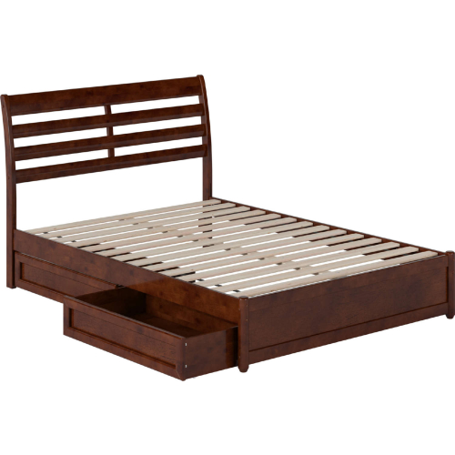 Emelie Full Platform Bed w/ Panel Footboard, Drawers & Charging in Walnut Finish