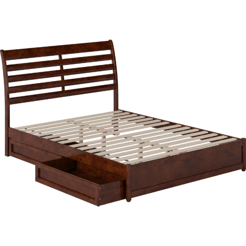 Emelie Queen Platform Bed w/ Panel Footboard, Drawers & Charging in Walnut Finish