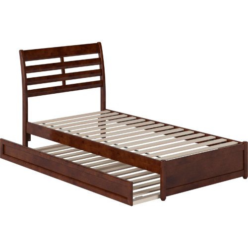 Emelie Twin XL Platform Bed with Panel Footboard, Twin XL Trundle & Charging in Walnut Finish