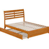 Emelie Full Platform Bed w/ Panel Footboard, Twin Trundle & Charging in Light Toffee