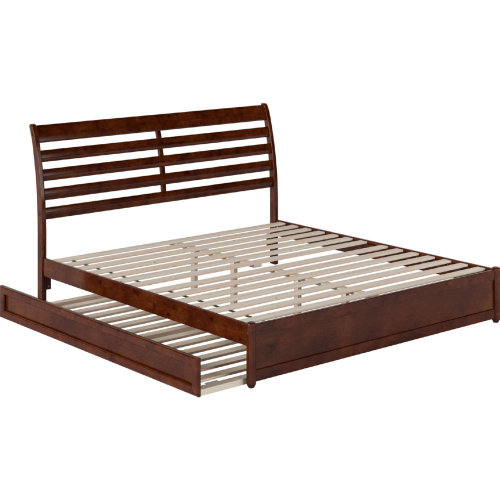 Emelie King Platform Bed w/ Panel Footboard, Twin XL Trundle & Charging in Walnut Finish