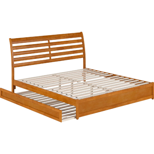 Emelie King Platform Bed w/ Panel Footboard, Twin XL Trundle & Charging in Light Toffee