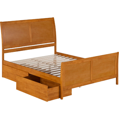 Portland Queen Platform Bed, Matching Footboard & Drawers in Light Toffee Wood