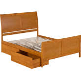 Portland Queen Platform Bed, Matching Footboard & Drawers in Light Toffee Wood