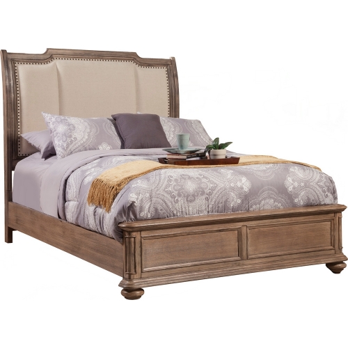 Melbourne Queen Sleigh Bed w/ Upholstered Headboard in Wire Brush French Truffle