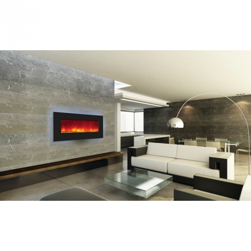 Wall-Mount or Built-In LED Fire Effect Electric Fireplace w/ 44" Black Glass Frame & Ambient Light