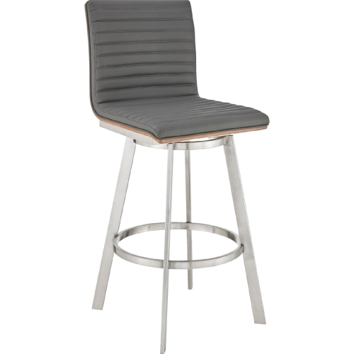 Jermaine 30" Swivel Bar Stool in Gray Leatherette, Walnut & Stainless