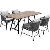 Koala & Calica 5 Pc Dining Set in Light Eucalyptus, Metal, Rope & Grey Fabric