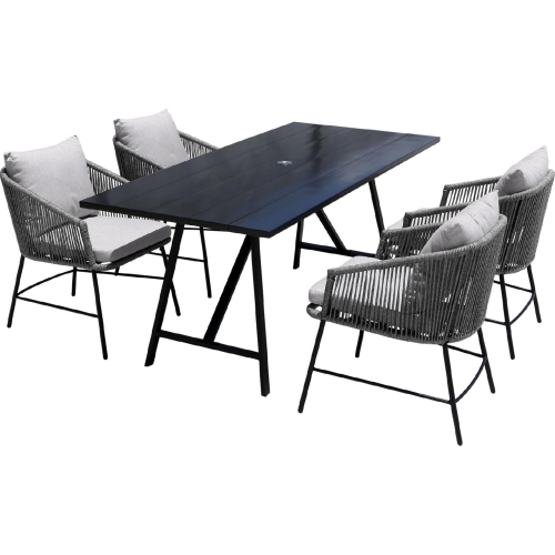 Koala & Calica 5 Pc Dining Set in Dark Eucalyptus, Metal, Rope & Grey Fabric