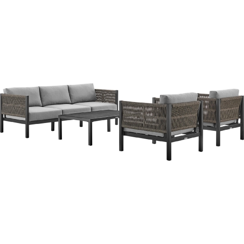 Cuffay 4 Piece Outdoor Sofa Set in Black Aluminum, Rope & Grey Fabric