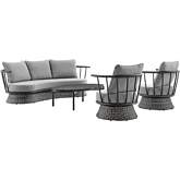 Monk 4 Piece Outdoor Sofa Set in Black Aluminum, Grey Wicker & Grey Fabric