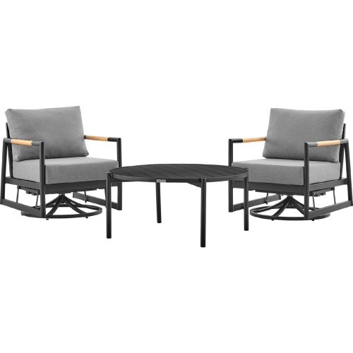 Royal & Tiffany 3 Pc Outdoor Accent Chair Set in Black Aluminum, Teak & Grey Fabric