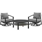 Aileen Outdoor 3 Piece Accent Chair Set in Black Aluminum, Wicker & Grey Fabric