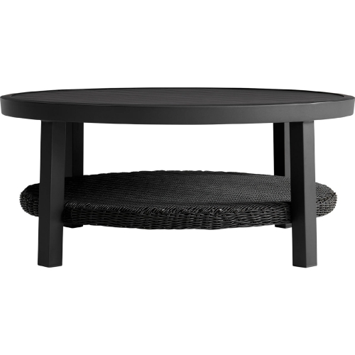 Grand Outdoor Round Coffee Table in Black Aluminum & Wicker