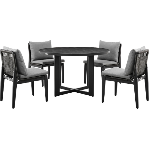 Grand Outdoor 5 Piece Dining Table Set in Black Aluminum & Grey Fabric