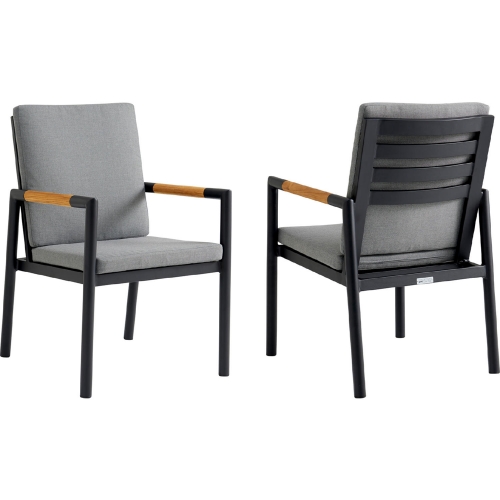 Royal Outdoor Dining Chair in Black Aluminum, Teak & Gray Fabric (Set of 2)