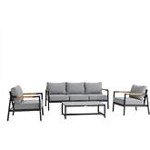 Royal 4 Piece Outdoor Sofa Set in Black Aluminum, Teak & Dark Gray Fabric