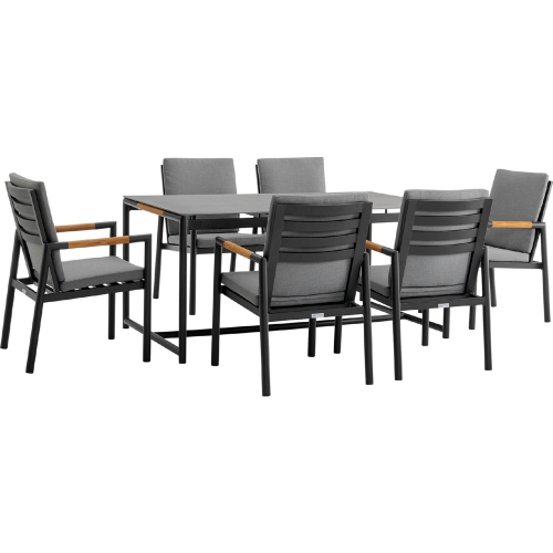 Royal 7 Piece Outdoor Dining Set in Black Aluminum, Teak & Dark Gray Fabric