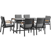 Royal 7 Piece Outdoor Dining Set in Black Aluminum, Teak & Dark Gray Fabric