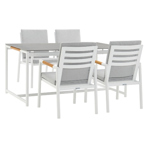 Royal 5 Piece Outdoor Dining Set in White Aluminum, Teak & Light Gray Fabric